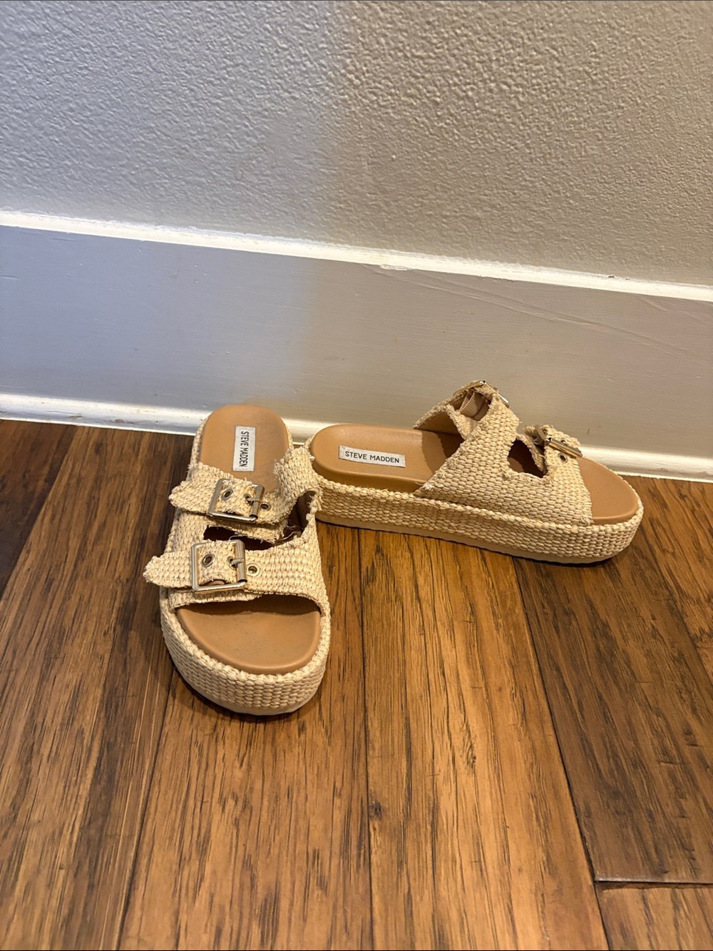 Steve Madden Neutral Woven Double-Buckle Platform Slides